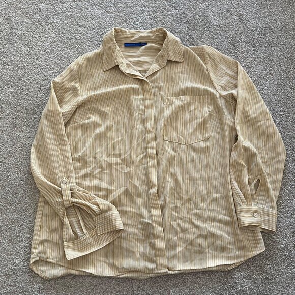 Yellow & White Striped Hidden Button Semi-Sheer Long Sleeve Career Blouse L - Picture 8 of 12